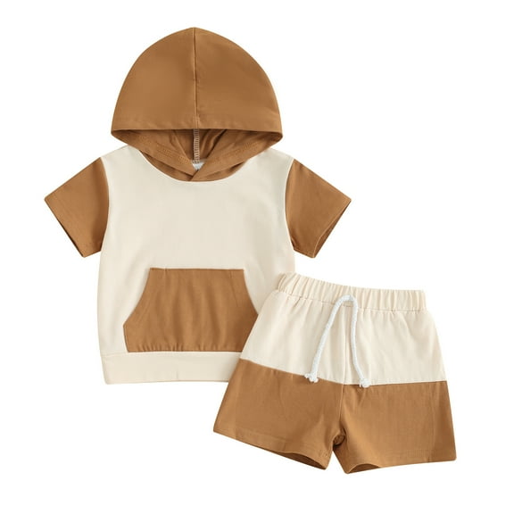 Musuos Toddler Boy Summer Shorts Outfit 6M 12M 18M 24M 3Y Contrast Color Short Sleeve Hooded Top with Elastic Waist Shorts Infant Casual Set