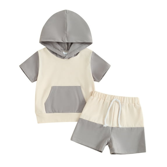 Musuos Toddler Boy Summer Shorts Outfit 6M 12M 18M 24M 3Y Contrast Color Short Sleeve Hooded Top with Elastic Waist Shorts Infant Casual Set