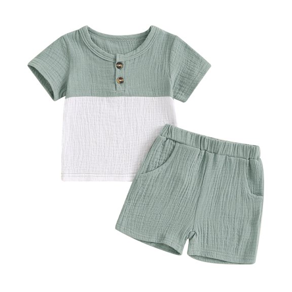 Musuos Toddler Boys Casual Summer Outfits 3 6 12 18 24M 3 T Patchwork Buttons Short Sleeve T-Shirts with Elastic Waist Shorts 2Pcs Clothes Set