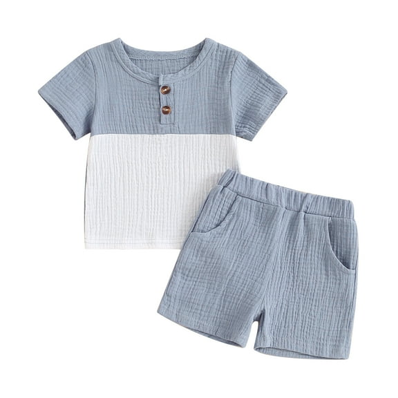 Musuos Toddler Boys Casual Summer Outfits 3 6 12 18 24M 3 T Patchwork Buttons Short Sleeve T-Shirts with Elastic Waist Shorts 2Pcs Clothes Set