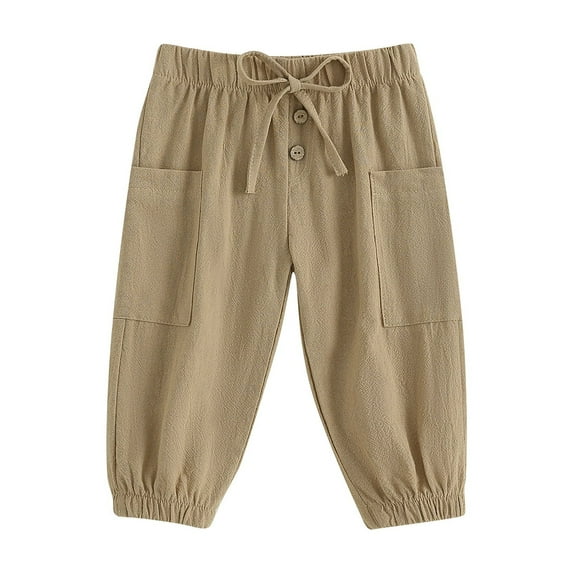 Musuos Toddler Boys Cotton Linen Casual Pants 6 12 18 24M 3 4Y Solid Color Elastic Drawstring Button Cargo Pants with Pockets