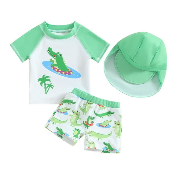 Musuos Toddler Boys Cute Swimsuit, 6M 12M 18M 24M 3Y Shark Crocodile Print Short Sleeve Top with Elastic Shorts Hat Summer Swimwear