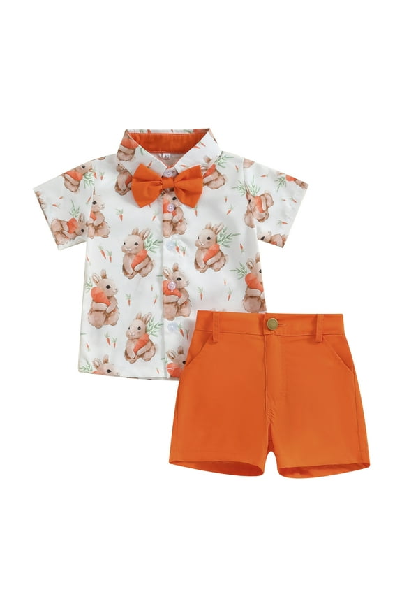 Toddler Boys Easter Outfits 6 12 18 24M 3 4T Carrot Rabbit Print Bowtie Short Sleeve Lapel Shirts and Button Pocket Shorts