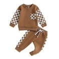 thumbnail image 1 of Musuos Toddler Boys Fall Outfits 6 12 18 24M 3T Long Sleeve Checkerboard Patchwork Sweatshirts and Elastic Waist Long Pants 2Pcs Clothes Set, 1 of 10