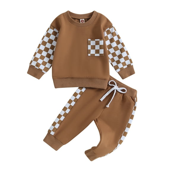 Musuos Toddler Boys Fall Outfits 6 12 18 24M 3T Long Sleeve Checkerboard Patchwork Sweatshirts and Elastic Waist Long Pants 2Pcs Clothes Set