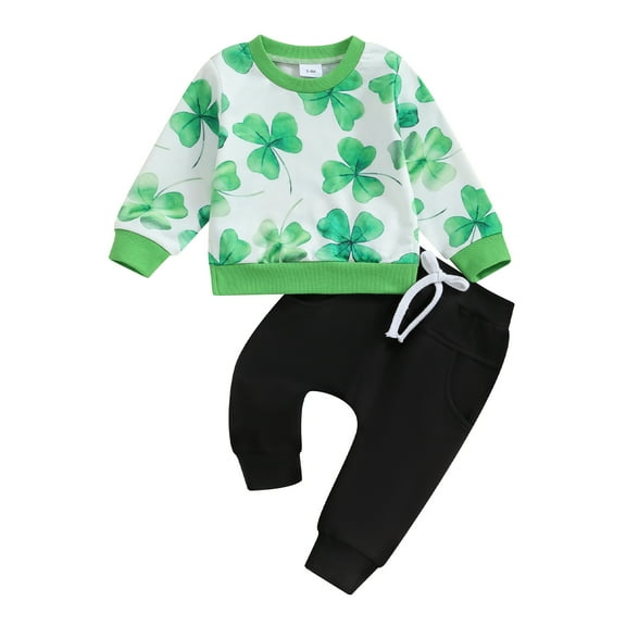 Musuos Toddler Boys Ireland Festival Outfits 6 12 18 24M 3T Green Shamrock Print Long Sleeve Sweatshirts and Long Pants 2Pcs Clothes Set