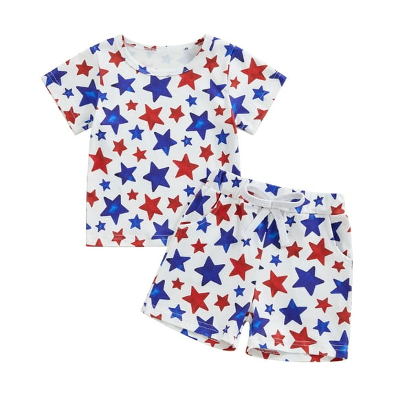 Musuos Toddler Boys Memorial Day Outfits 3 6 12 18 24M 3Y 4th for July Star Print Short Sleeves T-Shirt and Elastic Shorts 2 Piece Set