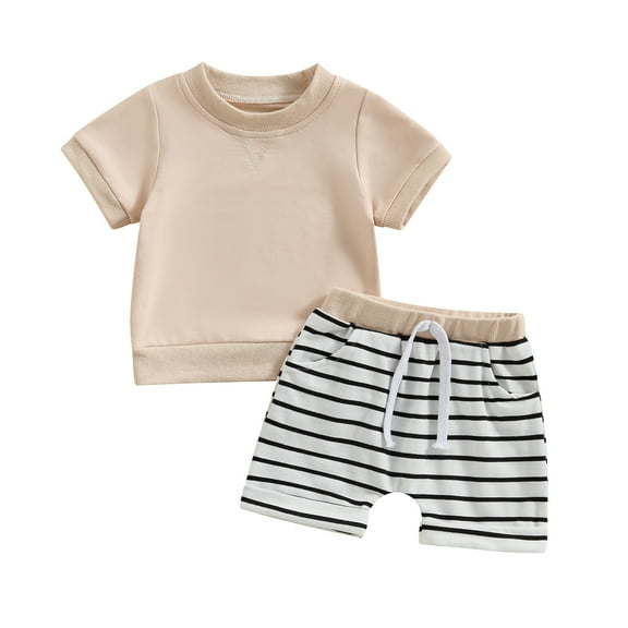 Musuos Toddler Boys Shorts Set, 6M 12M 18M 24M 3Y Short Sleeve Crew Neck T-shirt with Striped Shorts Summer Outfit for Infant