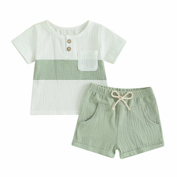 Musuos Toddler Boys Shorts Sets 6 12 18 24M 3Y Short Sleeve Contrast Color Tops and Solid Color Shorts Sets Casual Summer Outfits