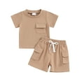 thumbnail image 1 of Musuos Toddler Boys Summer Outfits 6 12 18 24M 3T Solid Color Pocket Short Sleeve T-Shirts and Elastic Waist Shorts 2Pcs Clothes Set, 1 of 10