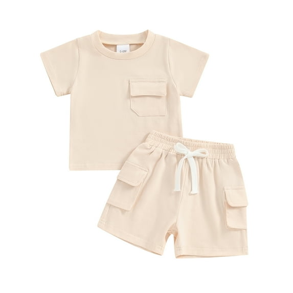 Musuos Toddler Boys Summer Outfits 6 12 18 24M 3T Solid Color Pocket Short Sleeve T-Shirts and Elastic Waist Shorts 2Pcs Clothes Set