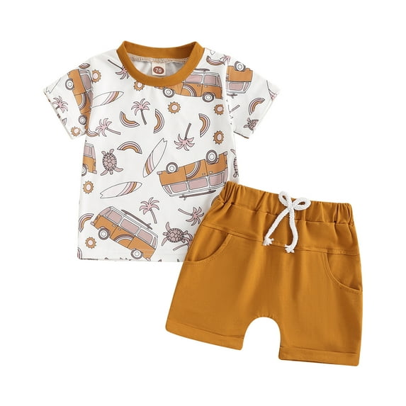 Musuos Toddler Boys Summer Outfits 6 12 18 24M 3Y Beach Elements Print Short Sleeve T-Shirts + Elastic Waist Shorts Casual Set