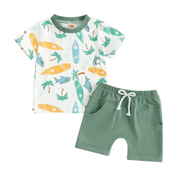 Musuos Toddler Boys Summer Outfits 6 12 18 24M 3Y Beach Elements Print Short Sleeve T-Shirts Elastic Waist Shorts Casual Set