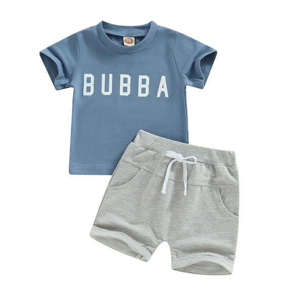 Musuos Toddler Boys Summer Outfits 6M 12M 18M 24M 3Y Letter Print Short Sleeve Crew Neck T-shirt and Stretch Casual Rolled Shorts Set