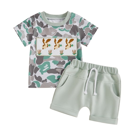 Musuos Toddler Boys Summer Shorts Sets 0-3Years Short Sleeve Duck Embroidery Camouflage Tops and Drawstring Pocket Shorts Sets