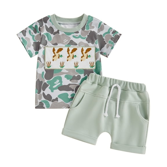 Musuos Toddler Boys Summer Shorts Sets 0-3Years Short Sleeve Duck Embroidery Camouflage Tops and Drawstring Pocket Shorts Sets