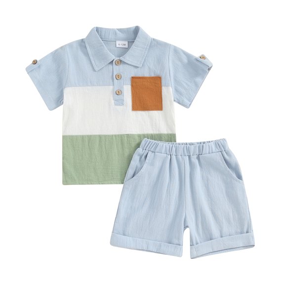 Musuos Toddler Boys Summer Shorts Sets 12 18 24M 3 4T Short Sleeve Lapel Contrast Color Tops and Solid Color Shorts Sets