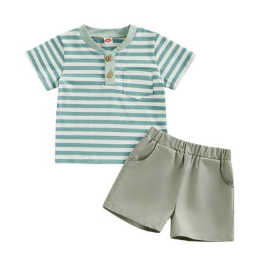 Musuos  Toddler Boys Summer Shorts Sets 6 12 18 24M 3TShort Sleeve Button Up Striped Tops and Solid Color Shorts Sets