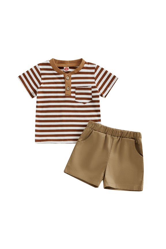 Toddler Boys Summer Shorts Sets 6 12 18 24M 3TShort Sleeve Button Up Striped Tops and Solid Color Shorts Sets