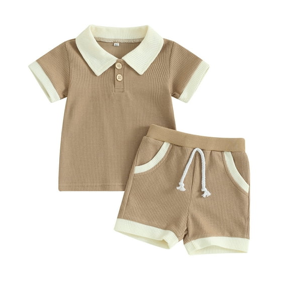 Musuos Toddler Boys Waffle Summer Outfits 6M 12M 18M 24M 3Y Contrast Color Short Sleeve T-Shirts Elastic Waist Shorts Casual 2Pcs Set