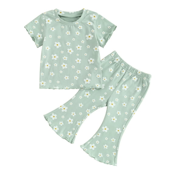 Musuos Toddler Girl 2Pcs Summer Outfits 6M 12M 18M 24M 3Y 4Y Short Sleeve Crew Neck Floral Print Lettuce Trim Tops   Flare Pants Set