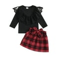 thumbnail image 1 of Musuos Toddler Girl Fall 2Pcs Outfit 12 18 24M 3 4T Lace Ruffled Long Sleeve Tops with Plaid A-Line Bow Skirt Set Clothes, 1 of 9