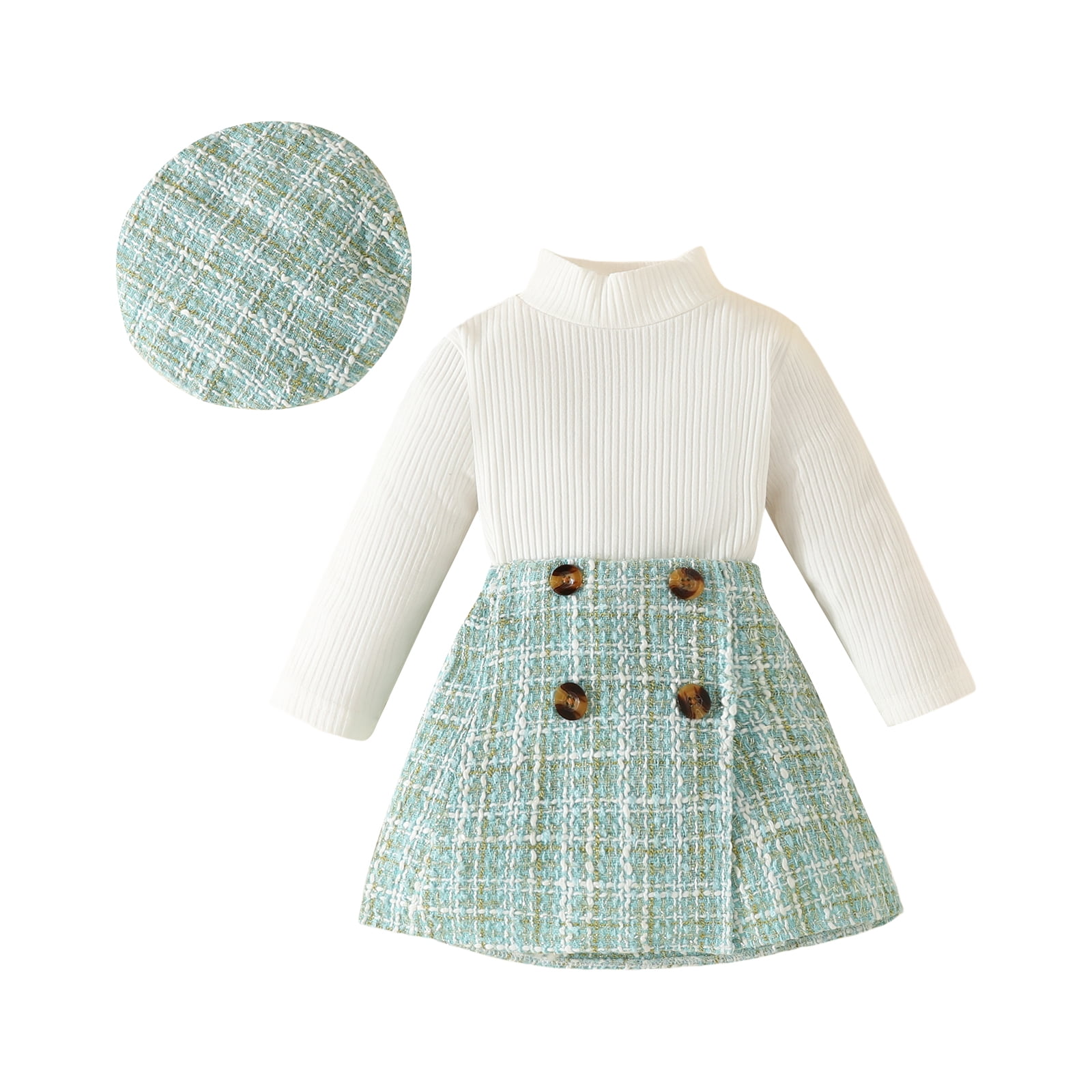 3pcs Girls Turtleneck Puff Long Sleeve Top + Plaid Skirt With Beret Kids Clothes Christmas Gift