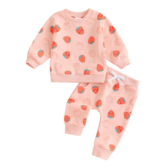 Musuos Toddler Girl Fall Outfit, 3 6 12 18 24M 3T Strawberry Print Long Sleeve Sweatshirt Elastic Waist Pants 2 Piece Casual Clothes Set