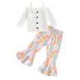 thumbnail image 1 of Musuos Toddler Girl Fall Outfits 6M 12M 18M 24M 3Y 4Y Ribbed Cold Shoulder Long Sleeve Bow Tops and Floral Flare Pants 2 Pcs Set, 1 of 9