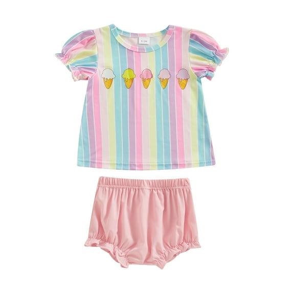 Musuos Toddler Girl Summer Outfit 12 18 24M 3T Rainbow Stripe Ice Cream Cone Print Short Sleeve T-Shirts Tops and Shorts 2Pcs Clothes Set