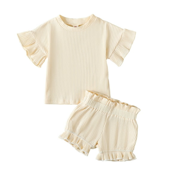 Musuos Toddler Girl Summer Outfit 3 6 12 18 24Months 3Years Ribbed Crew Neck Short Sleeve T-Shirts and Elastic Shorts 2Pcs Set