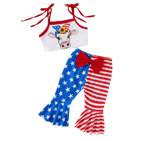 Musuos Toddler Girl Summer Outfit 6 12 18 24M 3 4Y Cow Head Tie-Up Spaghetti Strap Tank Tops and Flare Pants 2Pcs Clothes Set