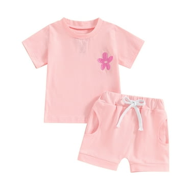 Musuos Toddler Girl Summer Outfit 6 12 18 24M 3T Flower Embroidered Crew Neck Short Sleeve T-Shirts Tops and Shorts 2Pcs Clothes Set