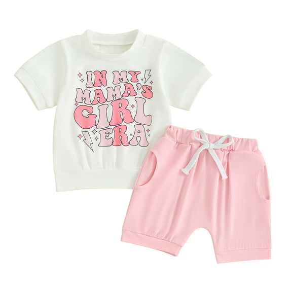 Musuos Toddler Girl Summer Outfit 6 12 18 24M 3T Letter Print Crew Neck Short Sleeve T-Shirts Tops and Shorts 2Pcs Clothes Set