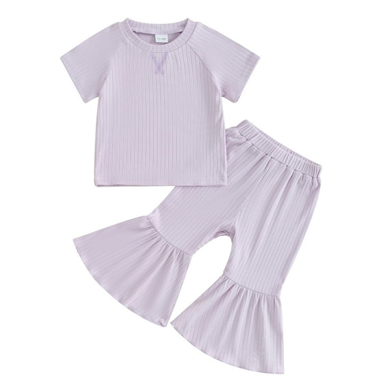 Musuos Toddler Girl Summer Outfits 1-5T Short Sleeve Ribbed Knit Tops T-Shirts Solid Color Elastic Waist Flare Pants 2Pcs Clothes Set