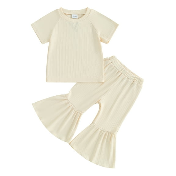 Musuos Toddler Girl Summer Outfits 1-5T Short Sleeve Ribbed Knit Tops T-Shirts Solid Color Elastic Waist Flare Pants 2Pcs Clothes Set