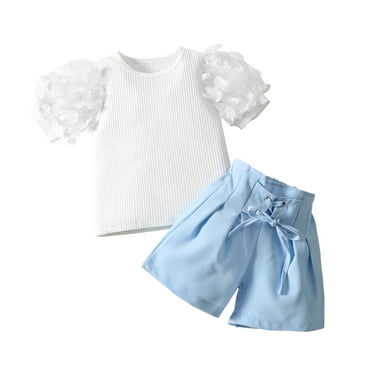 Musuos Toddler Girl Summer Set 1-6T Round Neck Short Sleeve 3D Petal Ribbed Tops   Solid Color Tie Up Shorts 2 Piece Outfits