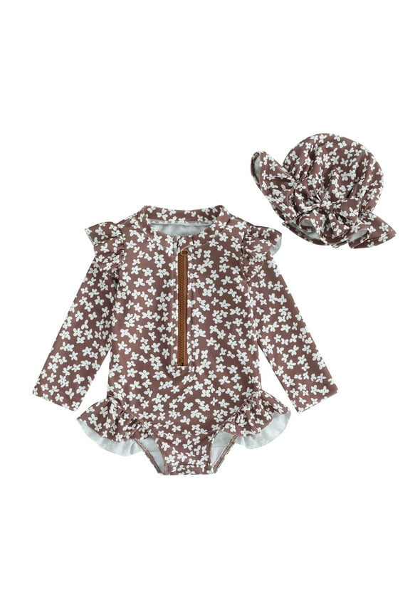 Toddler Girls Bathing Suit Outfits, 6 9 12 18 24M 3Y Round Neck Flower Print Long Sleeve Zipper Swimsuit + Swim Cap Baby Beachwear Set
