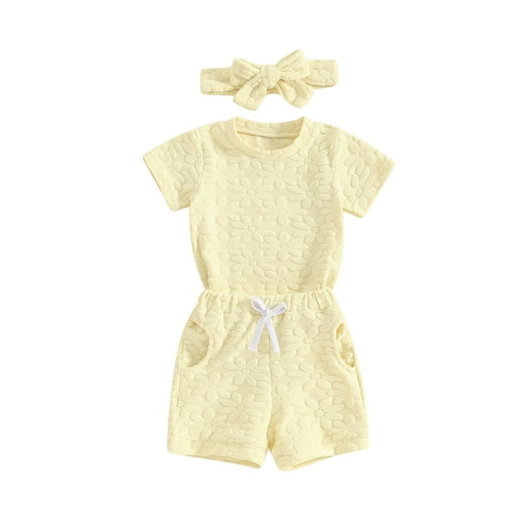 Musuos Toddler Girls Casual Shorts Set, 6 12 18 24M 3Y Solid Color Short Sleeve T-shirt with Elastic Waist Shorts with Hairband 3 Piece Summer Set