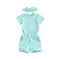 thumbnail image 1 of Musuos Toddler Girls Casual Shorts Set, 6 12 18 24M 3Y Solid Color Short Sleeve T-shirt with Elastic Waist Shorts with Hairband 3 Piece Summer Set, 1 of 10