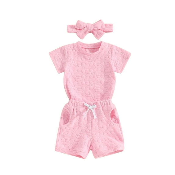 Musuos Toddler Girls Casual Shorts Set, 6 12 18 24M 3Y Solid Color Short Sleeve T-shirt with Elastic Waist Shorts with Hairband 3 Piece Summer Set