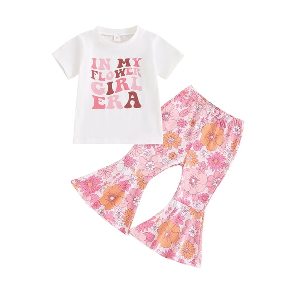Musuos Toddler Girls Casual Summer Outfit, 12M 18M 24M 3Y 4Y 5Y Short Sleeve Round Neck T-Shirt   Elastic Waist Floral Flare Pants