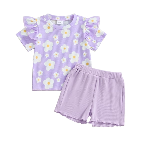 Musuos Toddler Girls Cute Summer Clothes Set, 6M 12M 18M 24M 3Y 4Y Short Sleeve Crew Neck Flower Print T-shirt with Solid Color Shorts