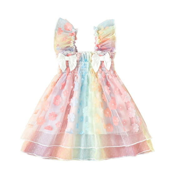 Musuos Toddler Girls Dress 12 18 24M 3 4T Flower Embellished Bowknot Fly Sleeve Colorful Princess Dress