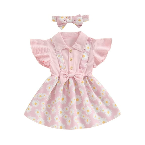 Musuos Toddler Girls Fake 2 Pieces Daisy Print Patchwork Ribbed Dress and Bow Headband 6 12 18 24Months 3 4Years Kids Summer Clothes