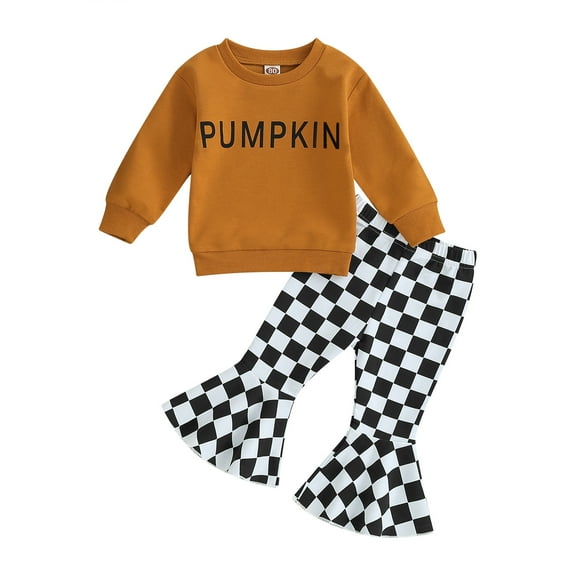Musuos Toddler Girls Halloween Outfits 6 12 18 24M 3 4Y Letter Print Long Sleeve Sweatshirt and Checkerboard Print Flare Pants Set Cute Clothes