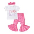 thumbnail image 1 of Musuos Toddler Girls Outfit, 1-3 Years Short Sleeve Crew Neck Letters Donut T-shirt with Flare Pants Headband Summer Outfit, 1 of 9