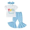 thumbnail image 1 of Musuos Toddler Girls Outfit, 1-3 Years Short Sleeve Crew Neck Letters Donut T-shirt with Flare Pants Headband Summer Outfit, 1 of 9