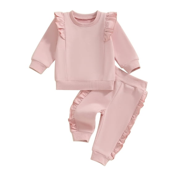 Musuos Toddler Girls Plain Fall Outfits 3 6 12 18 24M 3Y Ruffles Long Sleeve Sweatshirt and Elastic Sweatpants Solid Color Clothes Set