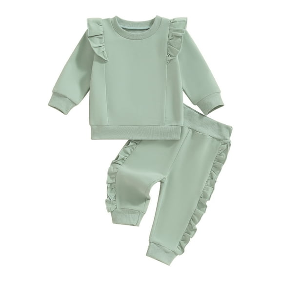 Musuos Toddler Girls Plain Fall Outfits 3 6 12 18 24M 3Y Ruffles Long Sleeve Sweatshirt and Elastic Sweatpants Solid Color Clothes Set